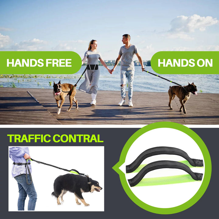 Hands Free Dog Leash for Running Jogging Walking with Zipper Pouch, Retractable Bungee Dog Leash Belt with Dual Padded Handles for Large/Medium Dogs, Adjustable Reflective Waist Belt