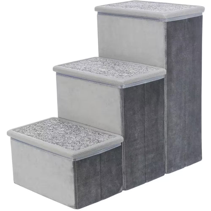 Velour Foldable 3-Step Pet Stairs with Storage