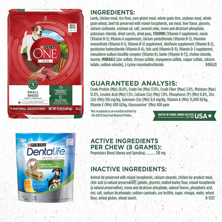 Dentalife Purina Bundle Pack Small Breed Dog Food and Treats, ONE +Plus Lamb and Rice Formula Daily Oral Care