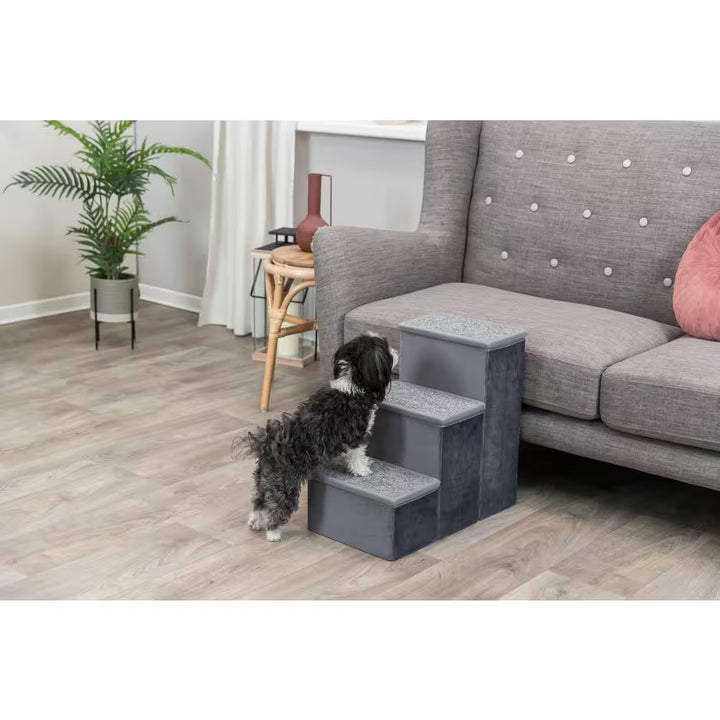 Velour Foldable 3-Step Pet Stairs with Storage