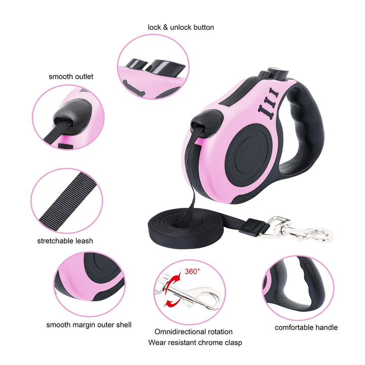 Retractable Dog Leash Lightweight 16FT Leash with Non-Slip Handle for Small Dogs (Pink)