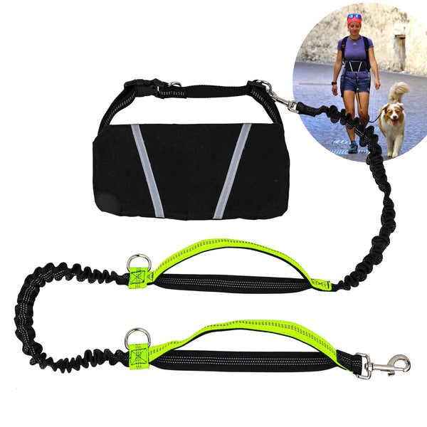 Hands Free Dog Leash for Running Jogging Walking with Zipper Pouch, Retractable Bungee Dog Leash Belt with Dual Padded Handles for Large/Medium Dogs, Adjustable Reflective Waist Belt