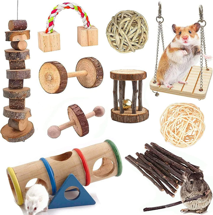 Hamster Chew Toys, Guinea Pig Toys Natural Wooden Pine Rats Chinchillas Toys Accessories Dumbells Exercise Bell Roller Teeth Care Molar Toy for Birds Bunny Rabbits Gerbils (Toy-9)