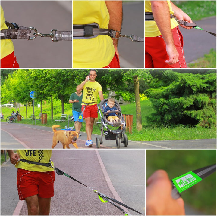 Hands Free Dog Leash for Running +Training Leash Walking & Double Dog Leash Coupler Set, Fits 2 Dogs - Bungee Leash & Reflective Leash - Adjustable Waist Belt & Retractable Leashes