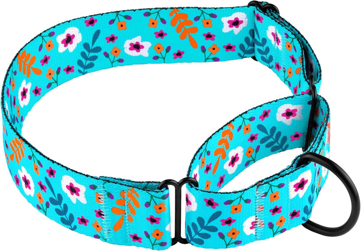 Martingale Collars for Dogs Heavy Duty Floral Pattern Female Safety Nylon Training Wide Collar Flower Design Large Medium (XL, Neck Size 19"-24", Aquamarine)