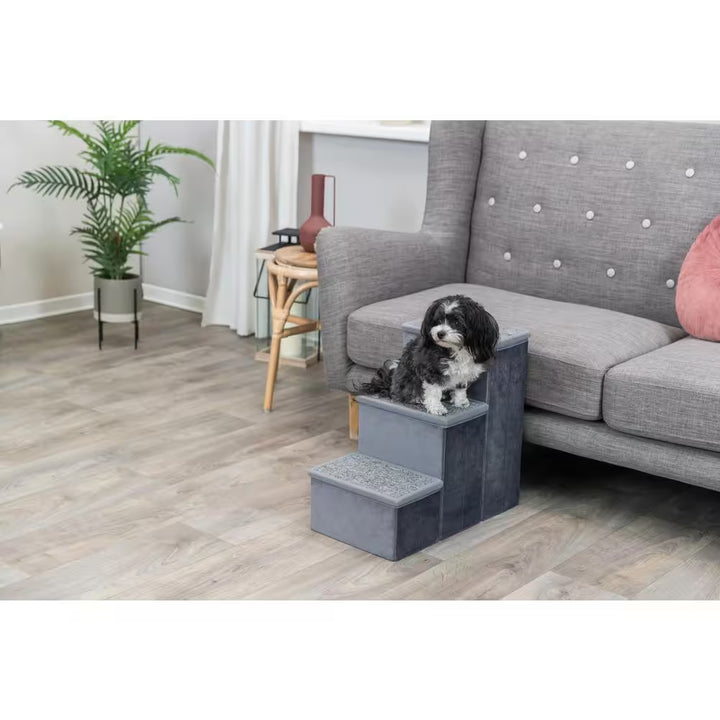 Velour Foldable 3-Step Pet Stairs with Storage