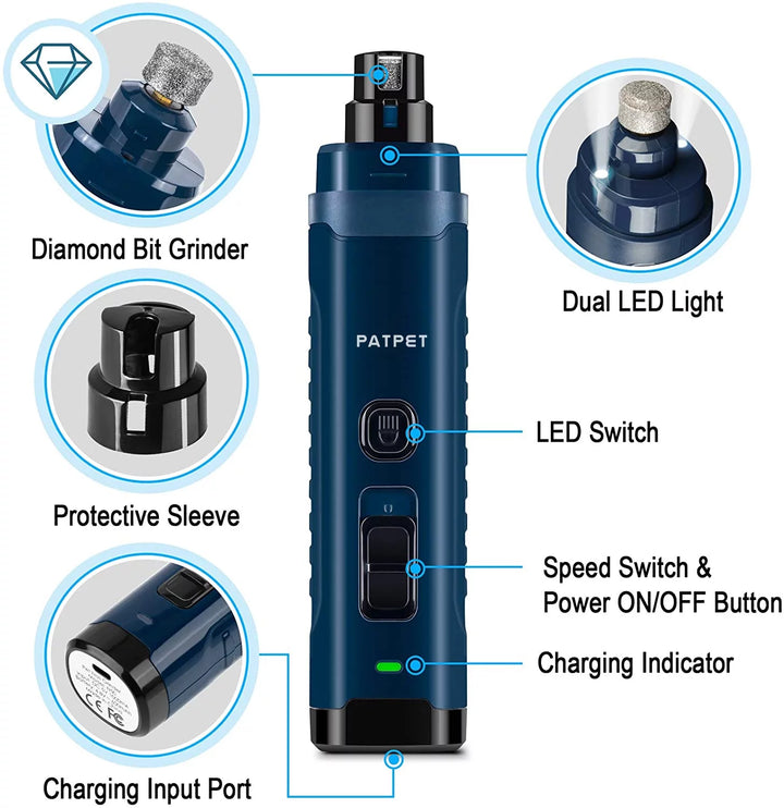 Dog Nail Trimmers, Rechargeable Electric Pet Nail Grinder, 2-LED Electric Dog & Cat Nail Grinder ,Quiet Design,2-Speed