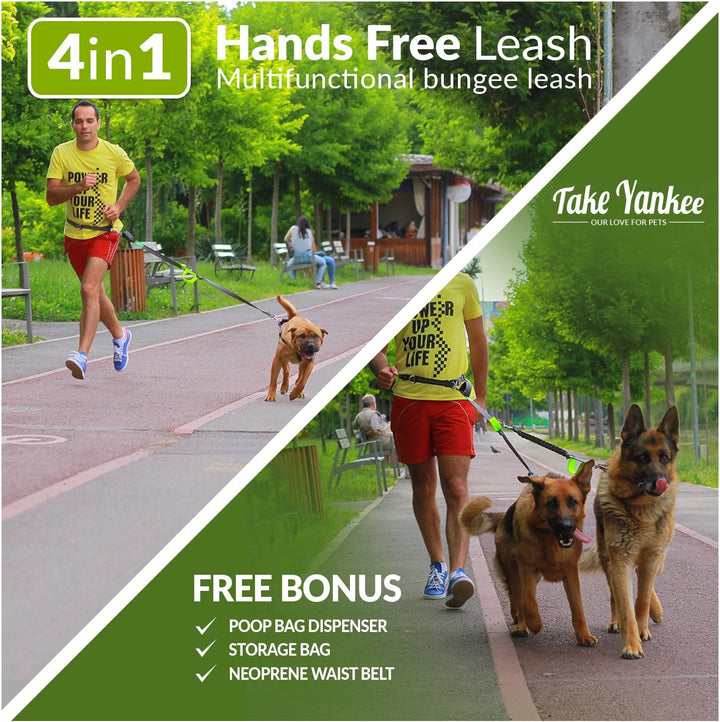 Hands Free Dog Leash for Running +Training Leash Walking & Double Dog Leash Coupler Set, Fits 2 Dogs - Bungee Leash & Reflective Leash - Adjustable Waist Belt & Retractable Leashes