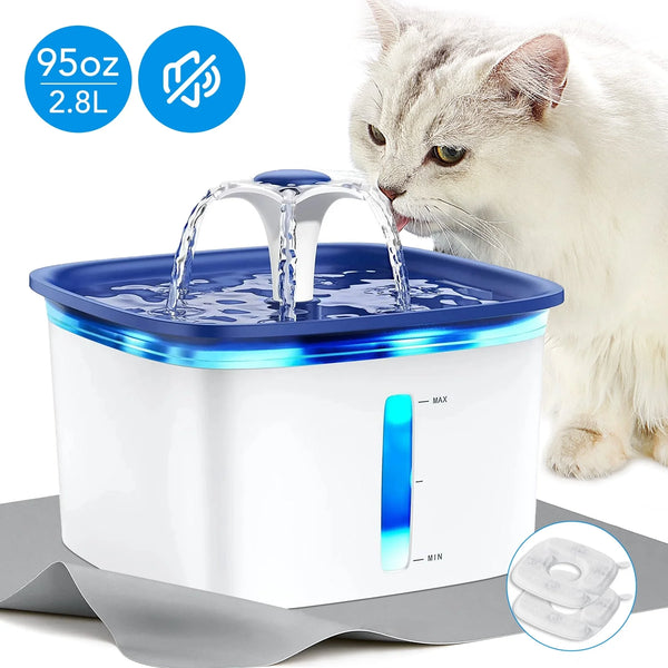 95Oz/2.8L Pet Fountain with Anti-Slip Mat, Cat Dog Water Fountain Dispenser with Smart Pump, White & Blue