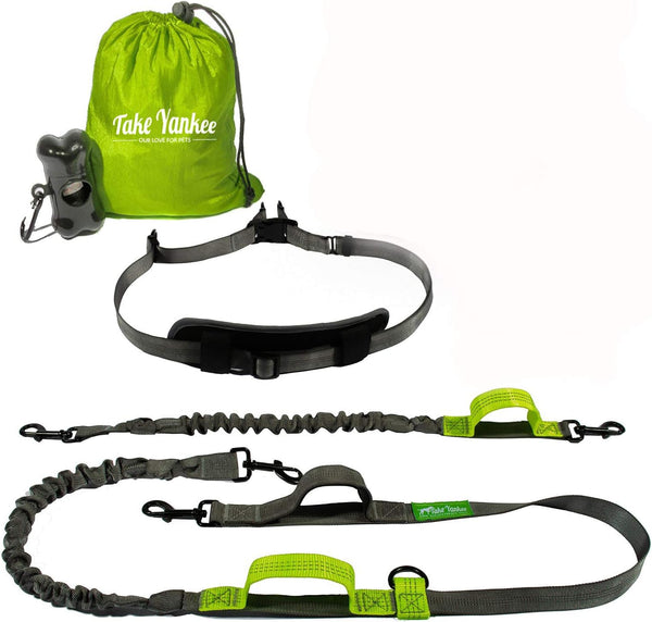 Hands Free Dog Leash for Running +Training Leash Walking & Double Dog Leash Coupler Set, Fits 2 Dogs - Bungee Leash & Reflective Leash - Adjustable Waist Belt & Retractable Leashes