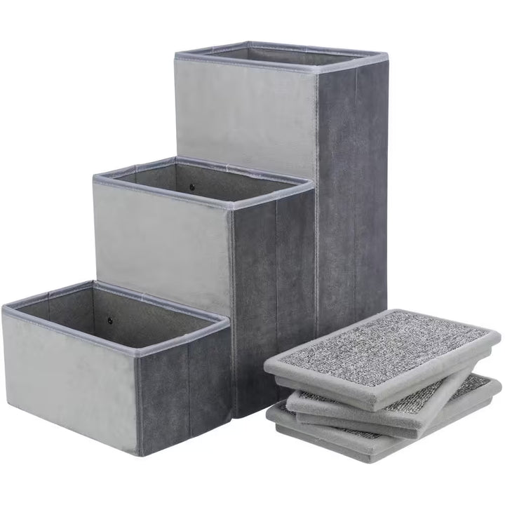 Velour Foldable 3-Step Pet Stairs with Storage
