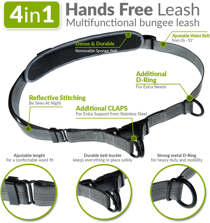 Hands Free Dog Leash for Running +Training Leash Walking & Double Dog Leash Coupler Set, Fits 2 Dogs - Bungee Leash & Reflective Leash - Adjustable Waist Belt & Retractable Leashes