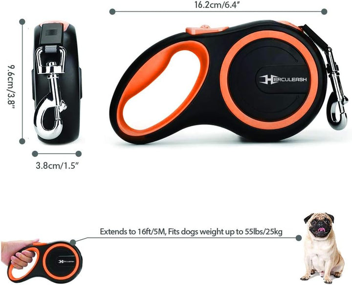 16Ft Retractable Dog Leash and Collar Set for Small, Medium or Large Dogs up to 110Lbs- Tangle Free, Heavy Duty Nylon Tape Pet Walking Leash with Anti-Slip Handle- Small/Medium, Orange