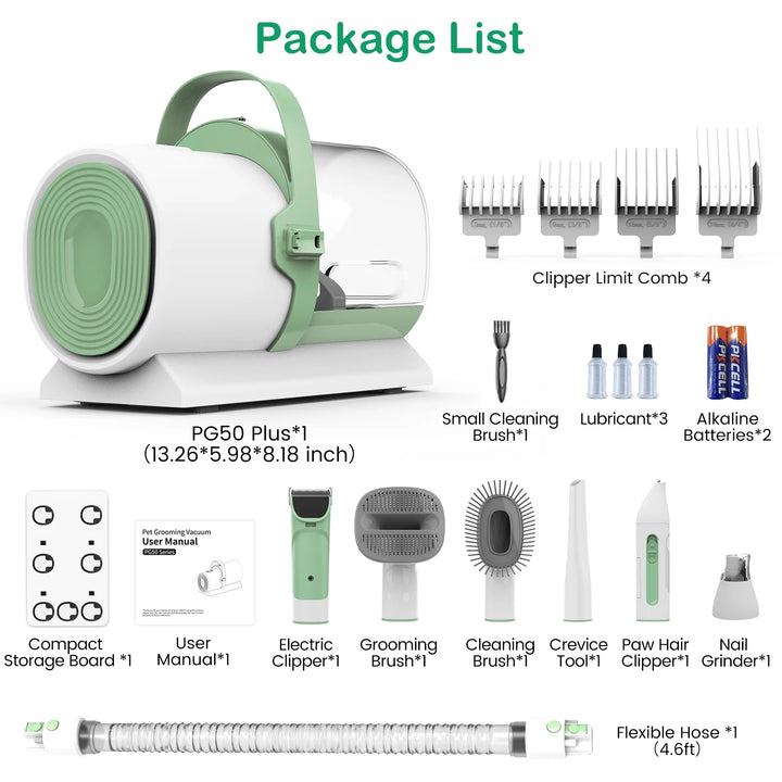 Dog Grooming Kit, 7 Grooming Tools, Pet Grooming Vacuum, Dog Clippers Kit, Low Noise, PG50 PLUS