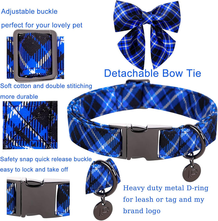 Dog Collar with Bow Tie, Cotton Bowtie for Medium Girl Boy, Blue with Durable Metal Buckle, Holiday Plaid, M
