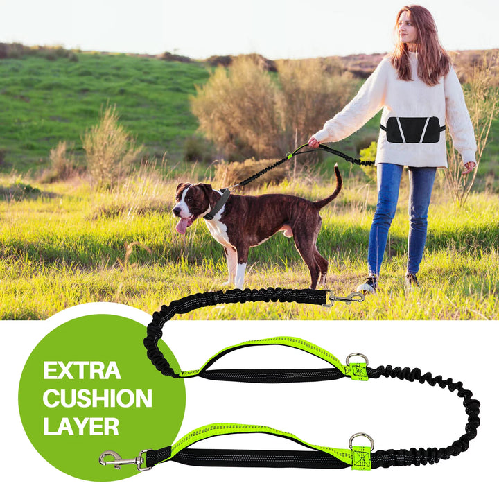 Hands Free Dog Leash for Running Jogging Walking with Zipper Pouch, Retractable Bungee Dog Leash Belt with Dual Padded Handles for Large/Medium Dogs, Adjustable Reflective Waist Belt