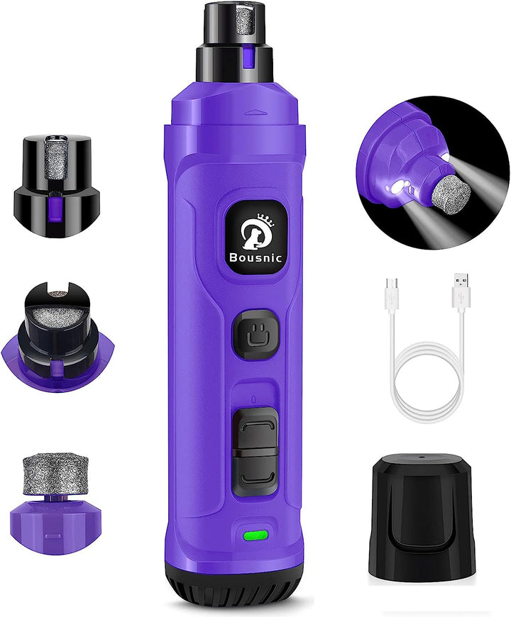 Dog Nail Grinder with 2 LED Light - Super Quiet Pet Nail Grinder Powerful 2-Speed Electric Dog Nail Trimmer File Toenail Grinder for Puppy Small Medium Large Breed Dogs & Cats (Purple)