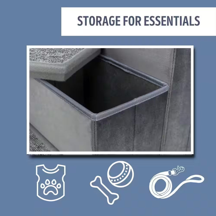 Velour Foldable 3-Step Pet Stairs with Storage