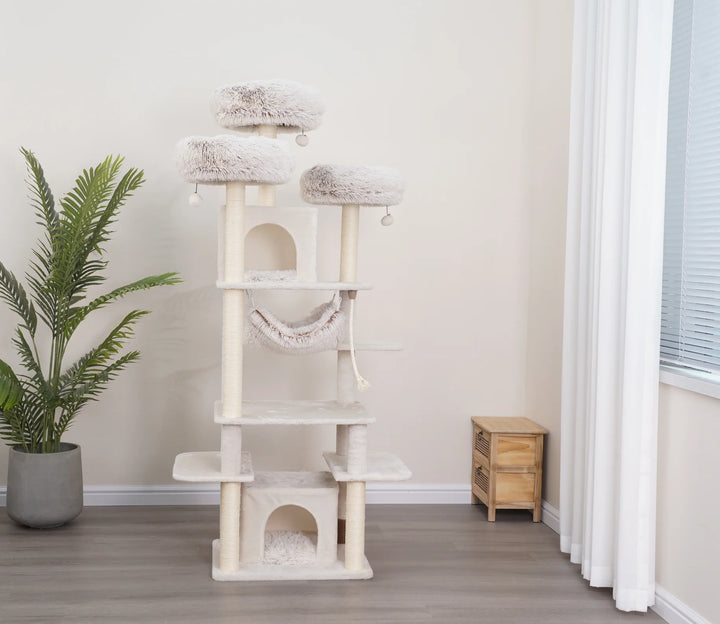 8-Level 72.4" Cat Tree Sanctuary with Condos Hammock Perches Toys, Cream
