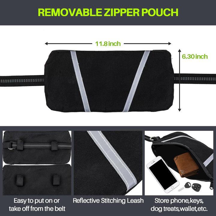 Hands Free Dog Leash for Running Jogging Walking with Zipper Pouch, Retractable Bungee Dog Leash Belt with Dual Padded Handles for Large/Medium Dogs, Adjustable Reflective Waist Belt