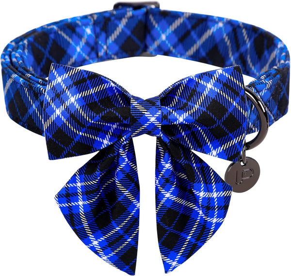 Dog Collar with Bow Tie, Cotton Bowtie for Medium Girl Boy, Blue with Durable Metal Buckle, Holiday Plaid, M