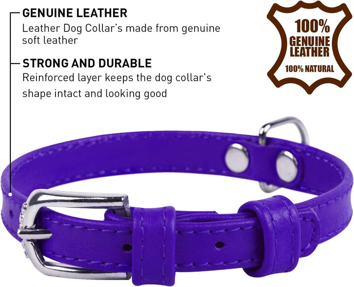 Soft Leather Dog Collar - Dog Collars for Small Medium Large Dogs Puppy - Red Blue Pink Purple Green Black - Handmade with Real Genuine Leather - Glamour plus (X-Small 7"-8 1/4" Neck, Purple)