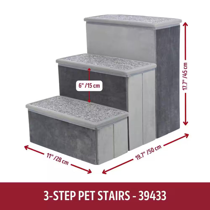 Velour Foldable 3-Step Pet Stairs with Storage