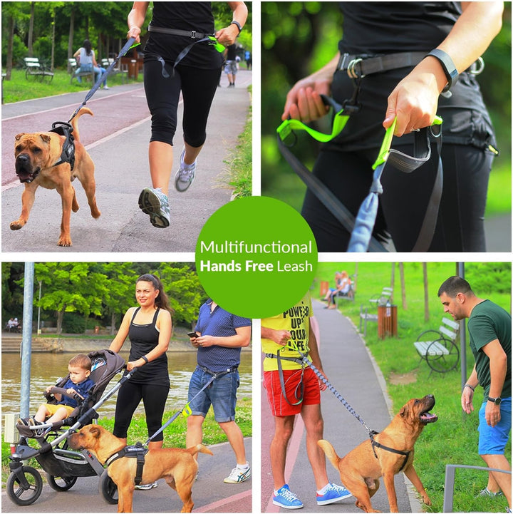 Hands Free Dog Leash for Running +Training Leash Walking & Double Dog Leash Coupler Set, Fits 2 Dogs - Bungee Leash & Reflective Leash - Adjustable Waist Belt & Retractable Leashes