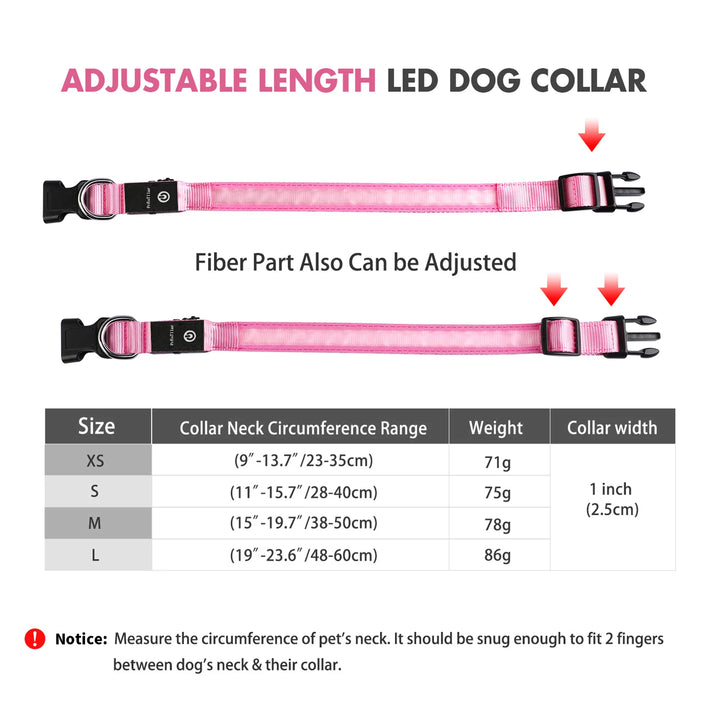 Light up LED Dog Collar, Waterproof Rechargeable for Night Walking RGB Colorful Adjustable Safety Dog Collar for Medium Dogs (Pink)