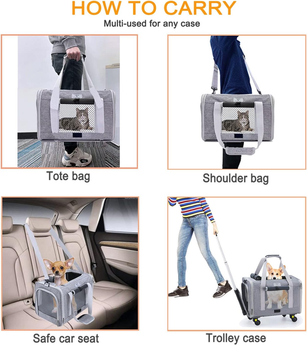 Dog Carrier with Wheels, Airline Approved Outdoor Rolling Pet Carrier with Telescopic Handle and Shoulder Strap for Travel, Grey