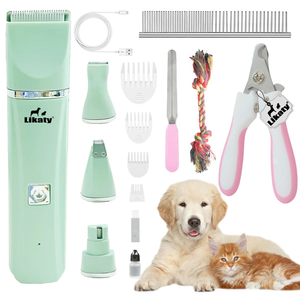 Dogs Hair Clippers Grooming Kit with Nail Grinder,  4 in 1 Cordless Electric Trimmer Low Noise USB Rechargeable Pet Clippers for Small and Large Dogs Cats Animals