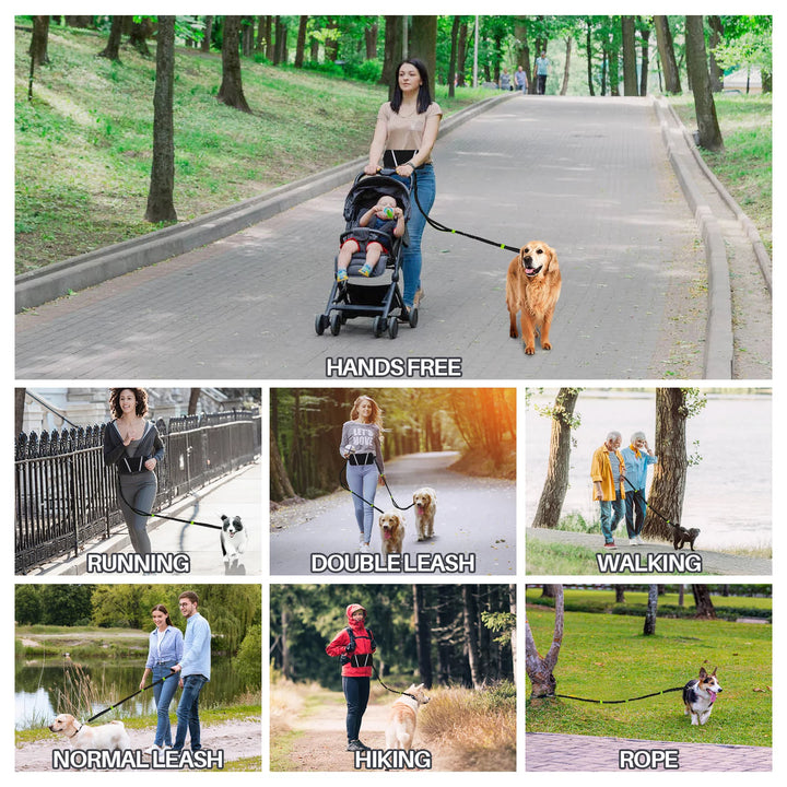 Hands Free Dog Leash for Running Jogging Walking with Zipper Pouch, Retractable Bungee Dog Leash Belt with Dual Padded Handles for Large/Medium Dogs, Adjustable Reflective Waist Belt