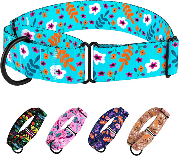 Martingale Collars for Dogs Heavy Duty Floral Pattern Female Safety Nylon Training Wide Collar Flower Design Large Medium (XL, Neck Size 19"-24", Aquamarine)