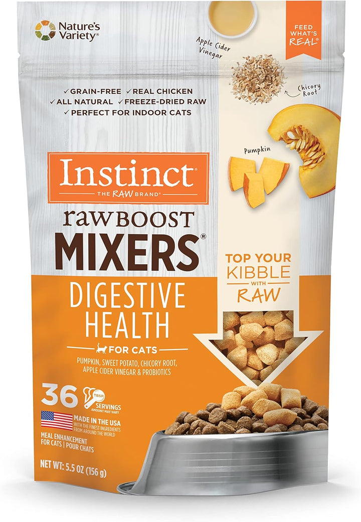Raw Boost Mixers, Freeze Dried Cat Food Toppers with Functional Ingredients, Grain Free, Real Chicken - Digestive Health, 5.5 Oz Bag