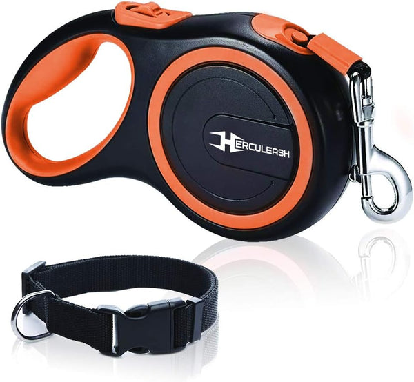 16Ft Retractable Dog Leash and Collar Set for Small, Medium or Large Dogs up to 110Lbs- Tangle Free, Heavy Duty Nylon Tape Pet Walking Leash with Anti-Slip Handle- Small/Medium, Orange
