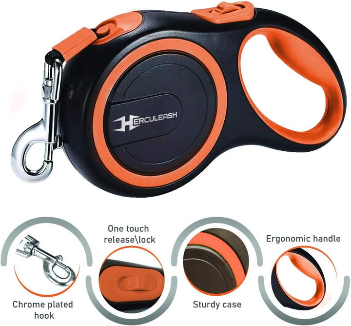16Ft Retractable Dog Leash and Collar Set for Small, Medium or Large Dogs up to 110Lbs- Tangle Free, Heavy Duty Nylon Tape Pet Walking Leash with Anti-Slip Handle- Small/Medium, Orange