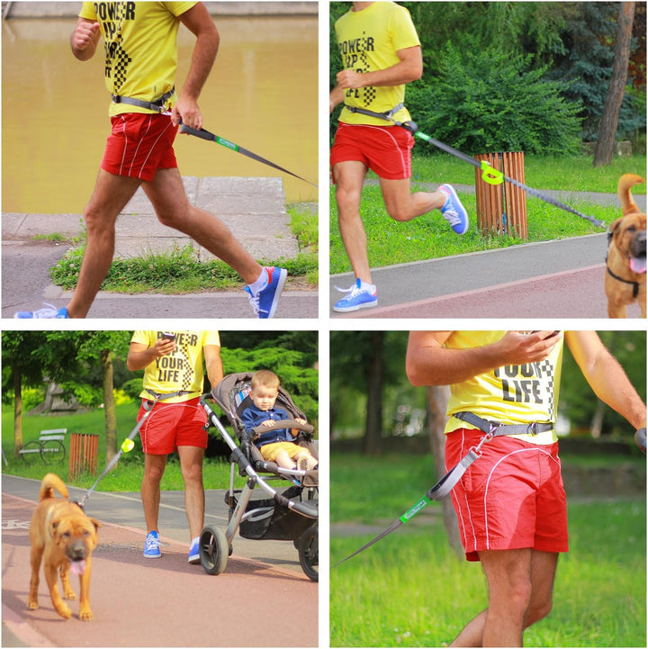 Hands Free Dog Leash for Running +Training Leash Walking & Double Dog Leash Coupler Set, Fits 2 Dogs - Bungee Leash & Reflective Leash - Adjustable Waist Belt & Retractable Leashes