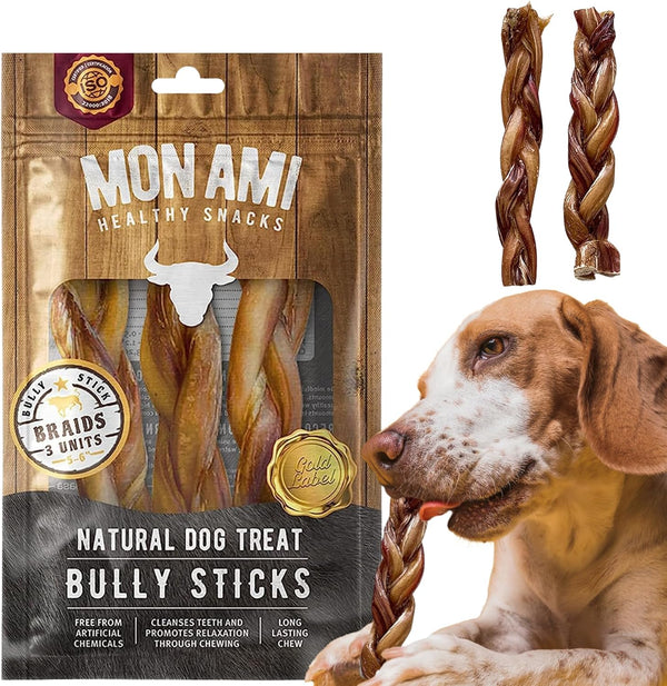 Mon Ami Braided Bully Sticks for Large and Small Dogs (5-6 Inches, Pack of 12) - Made from Grass Fed Beef Dog Treats - Natural Bully Sticks - Grain Free & High Protein Dog Snack