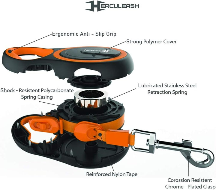 16Ft Retractable Dog Leash and Collar Set for Small, Medium or Large Dogs up to 110Lbs- Tangle Free, Heavy Duty Nylon Tape Pet Walking Leash with Anti-Slip Handle- Small/Medium, Orange