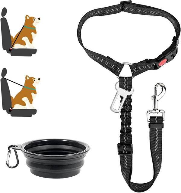 Dog Seat Belt, 2-In-1 Headrest Restraint Dog Car Seatbelt Pet Car Safety Seat Belt Clip Buckle Tether for Large Medium Small Dogs with Dog Bowl
