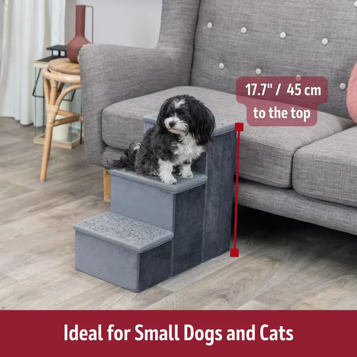 Velour Foldable 3-Step Pet Stairs with Storage