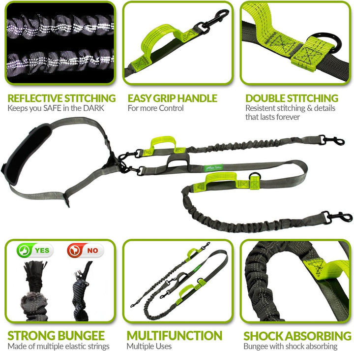 Hands Free Dog Leash for Running +Training Leash Walking & Double Dog Leash Coupler Set, Fits 2 Dogs - Bungee Leash & Reflective Leash - Adjustable Waist Belt & Retractable Leashes